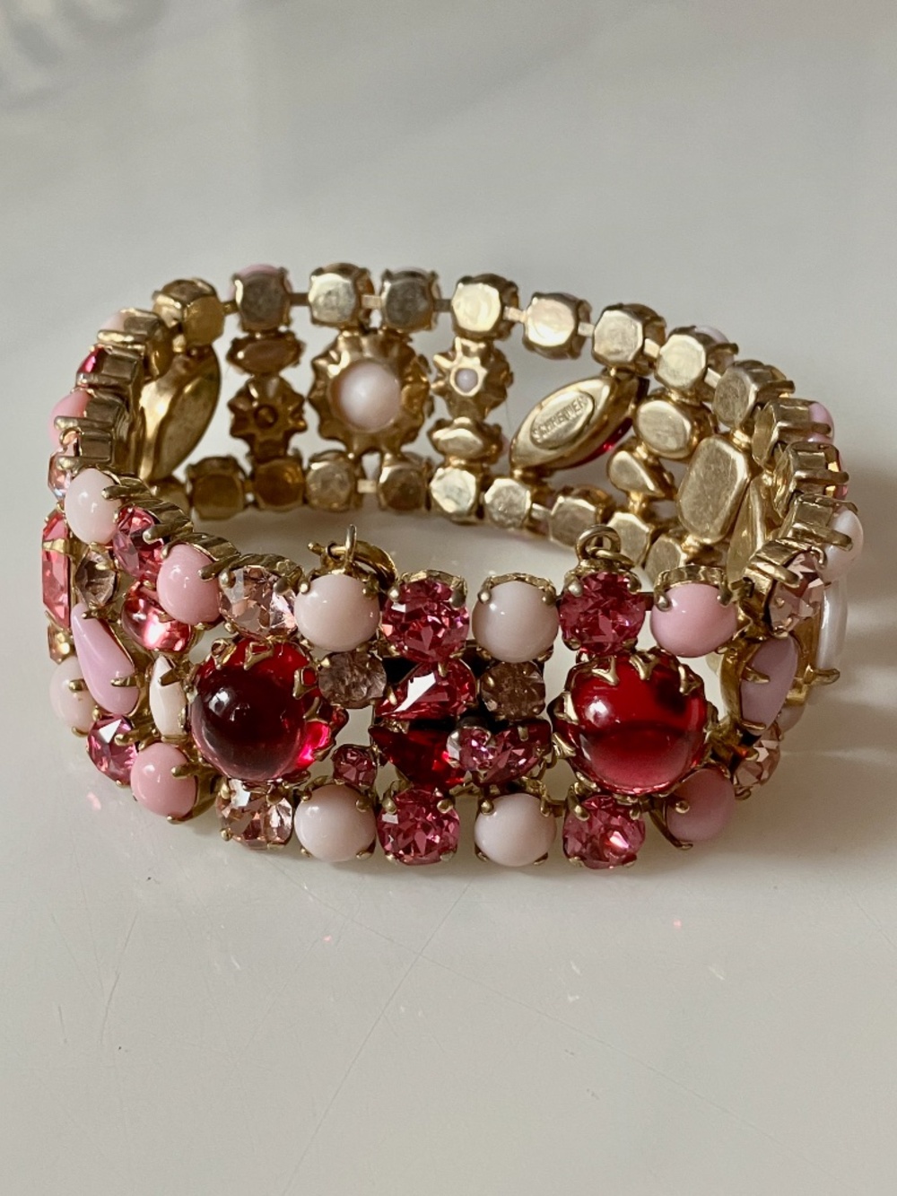 Vintage Schreiner Link Bracelet Pink/White/Gold 7"